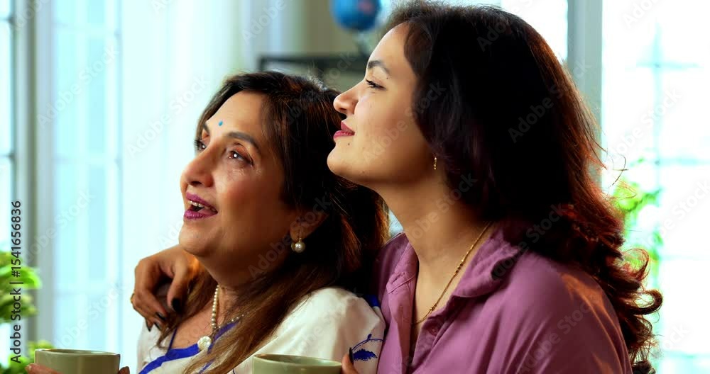 Mother daughter having morning coffee together near window, Indian asian old mom in saree and young daughter standing in modern home enjoying hot drink while watching nature view and bonding happily