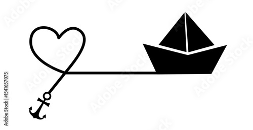 Black Silhouette of Paper Boat Connected to Heart and Anchor by a Single Line. Nautical Romance, Love, Emotional Journey, Long-Distance Relationships