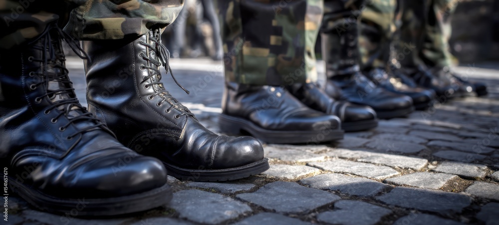The polished black boots of soldiers standing in perfect formation on parade The polished black boots of soldiers standing in perfect formation on parade