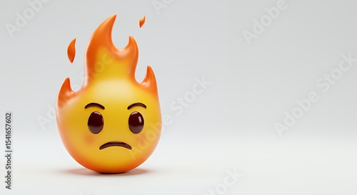 Cartoon Fire Emoji with a Frowning Face on a White Background