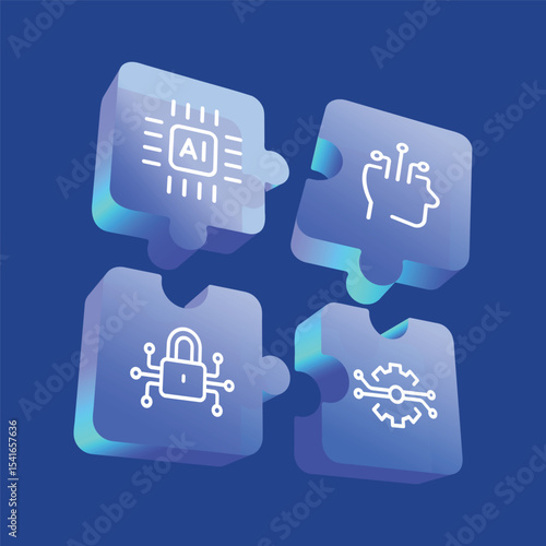 Puzzle Illustration Artificial Intelligence Concept Business Innovation Strategy. AI Jigsaw Pieces Icons as Unity Success Tech Company Solutions Technology Security System Gradient Futuristic Vector
