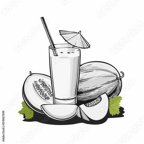 Fresh Melons and Melon Cocktail Image vector isolated on white background.