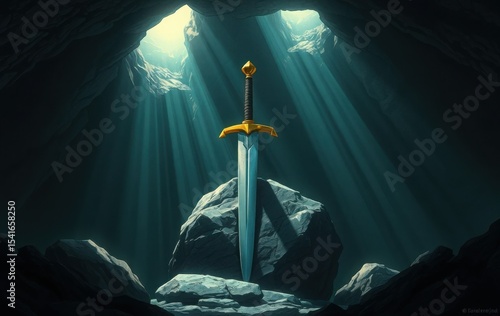 A majestic sword rests in a mystical cave.