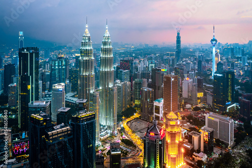 Aerial view of Kuala Lumpur skyline at night, Malaysia