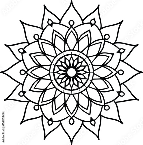 Modern mandala in thin black lines with sacred symmetry pattern