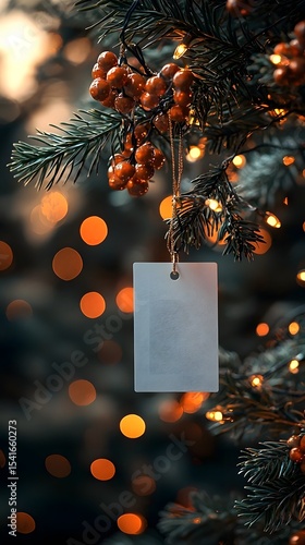 Blank gift card on a holiday tree with twinkling lights