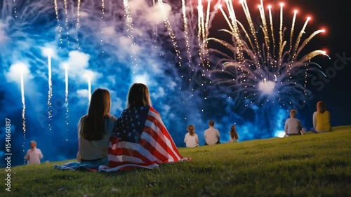 Fourth of July celebration in the USA Independence Day. Two girls wrapped in a flag