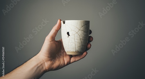 Holding Broken Ceramic Cup with Cracks and Damage in Hand