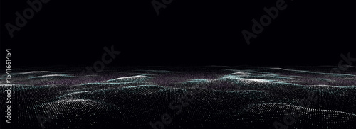 Abstract vector technology colors wave with motion glowing dots. Dark cyberspace in digital background. Connection big data. Futuristic wireframe texture. Dynamic analysis a network connection.
