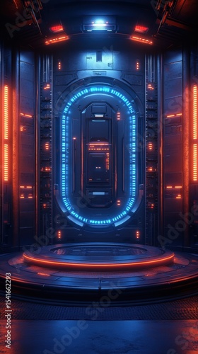 Fototapeta Naklejka Na Ścianę i Meble -  Futuristic Corridor with Illuminated Portal and Platform