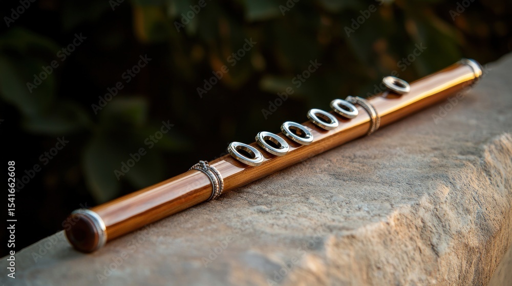Naklejka premium Outdoor close-up of a bamboo flute resting on stone