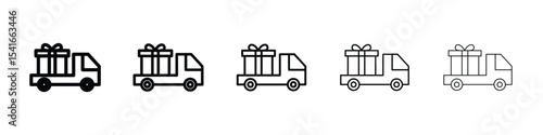 Truck carrying gift box icon logo in stroke lines collection