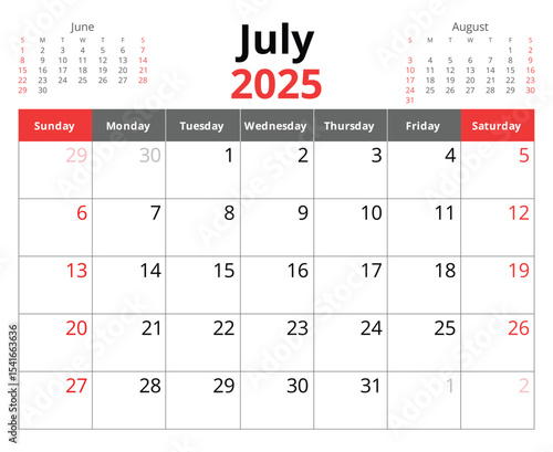 2025 july calendar. A vector English monthly