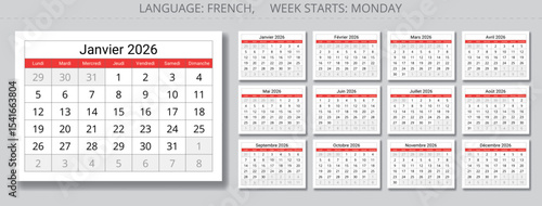 2026 year french page calendar. Vector set for France - calendrier