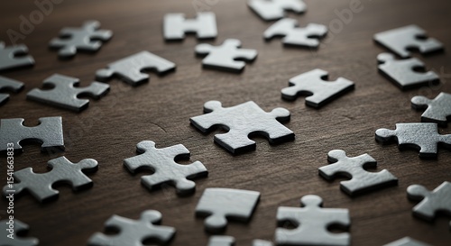 Scattered Puzzle Pieces on Wood Surface Concept of Problem Solving