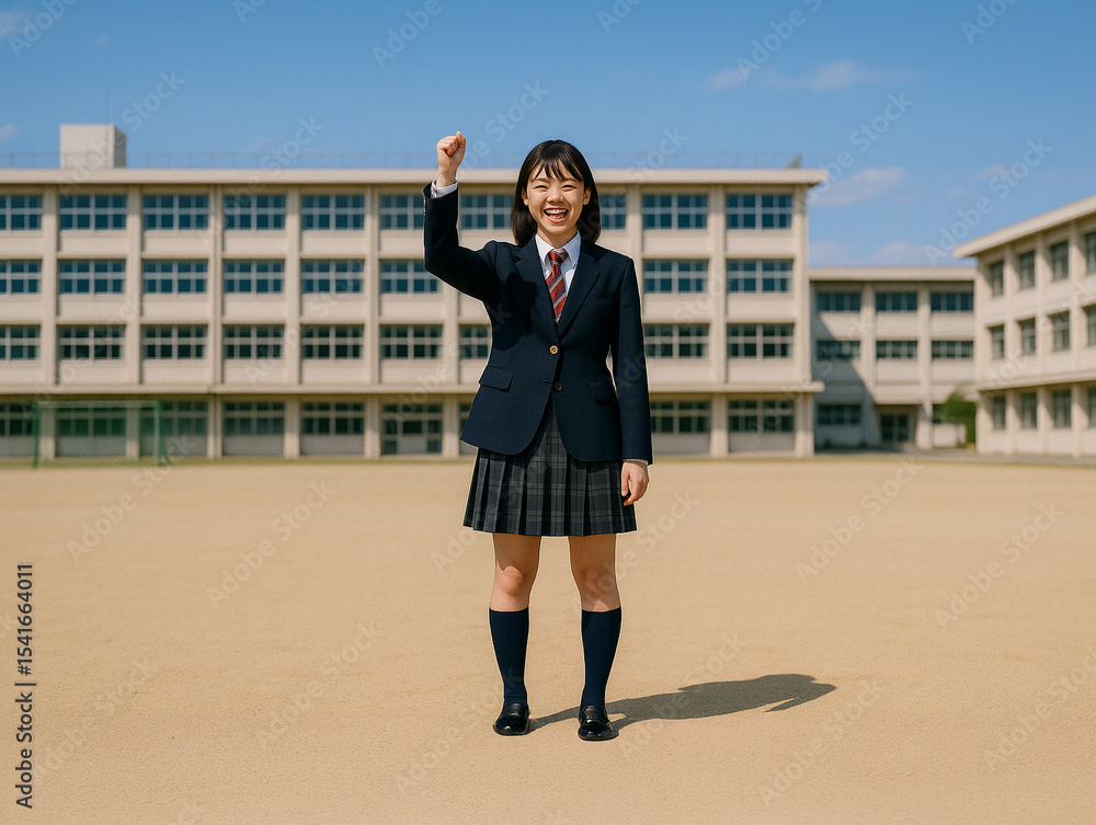 Fototapeta premium 校庭で拳を上げる女子高生