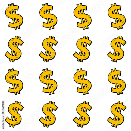 Bright and cheerful repeating seamless pattern of hand drawn gold dollar sign illustrations in sketch style. Ideal for projects related to finance, wealth, business and investment.