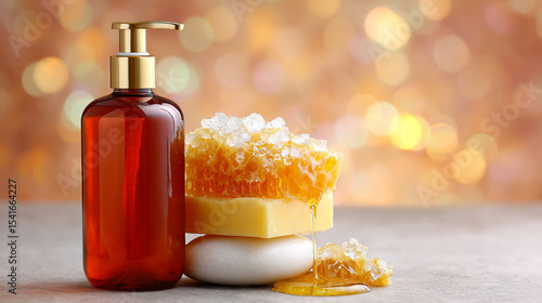 Amber blank shampoo bottle with a golden pump, showcased with natural honeycomb and a sea sponge on a wooden surface for an organic honey-based cosmetic mockup.