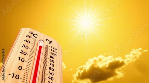 Wooden thermometer showing high temperature with sky turning from blue to orange.A thermometer under the blazing summer sun indicates heat.Concept of global warming and high temperatures.