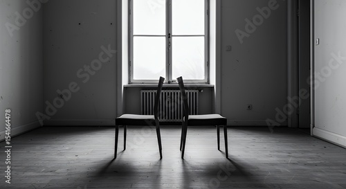 Two Chairs Facing Each Other in an Empty Grayscale Room