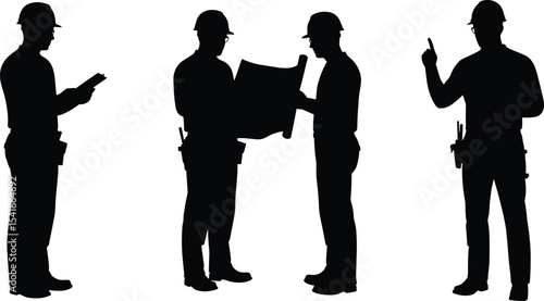Construction workers in helmet, discussing blueprint, reading plans, instructing team, engineering teamwork concept, silhouette vector, safety gear, industrial project illustration