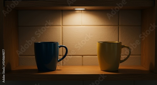 Two Coffee Mugs on Shelf Warm Lighting Kitchen Interior Still Life