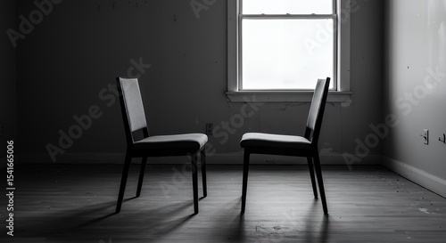 Two Chairs Stand Face to Face in Dimly Lit Empty Room