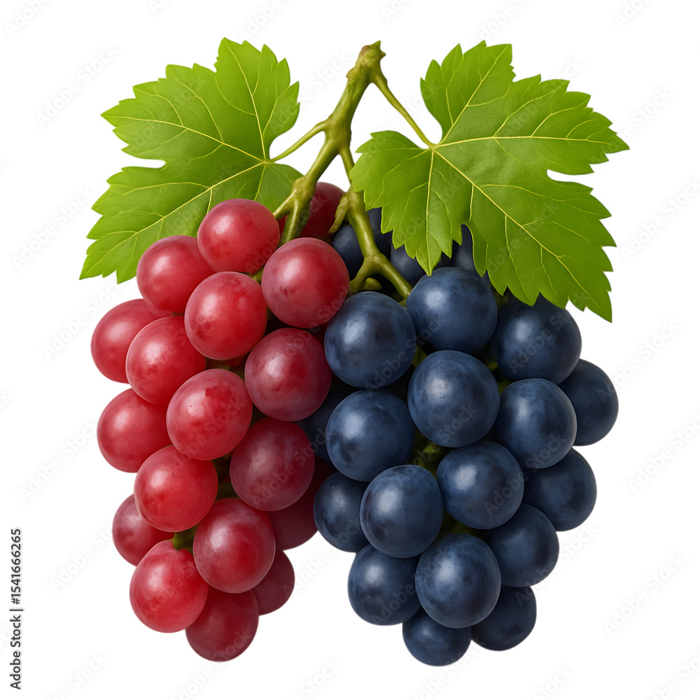 Fototapeta premium Bunch of ripe red and blue grapes with green leaves