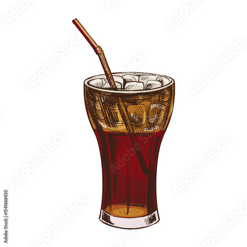 Hand drawn vintage sketch of cold soda drink in glass with ice cubes and straw, colored vector illustration
