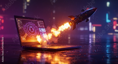 Rocket-Powered Laptop in Neon Rain - Futuristic Tech & Cyberpunk Energy AI-Generated  