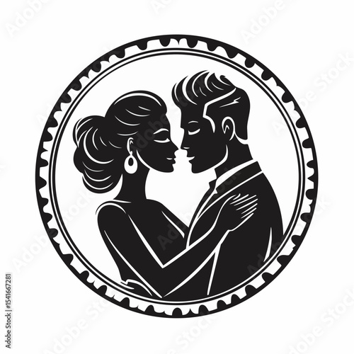 Romantic Couple Lovers Embrace Man logo design vector on white background.