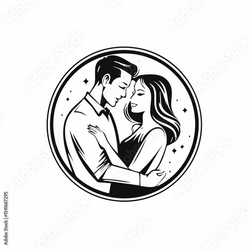 Romantic Couple Lovers Embrace Man logo design vector on white background.