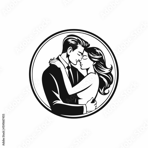Romantic Couple Lovers Embrace Man logo design vector on white background.