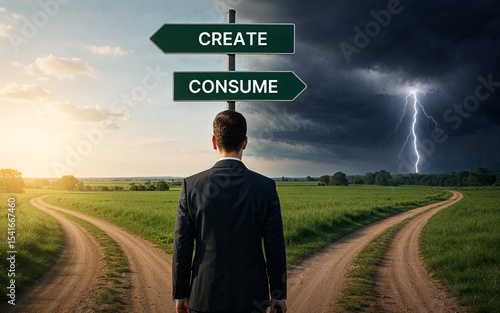 Businessman standing at crossroads with create and consume signs,choosing between sunlight and stormy paths, decision-making choices direction concept