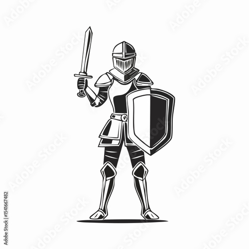 Brave knight stands in full armor holding a sword and shield image vector isolated on white background.