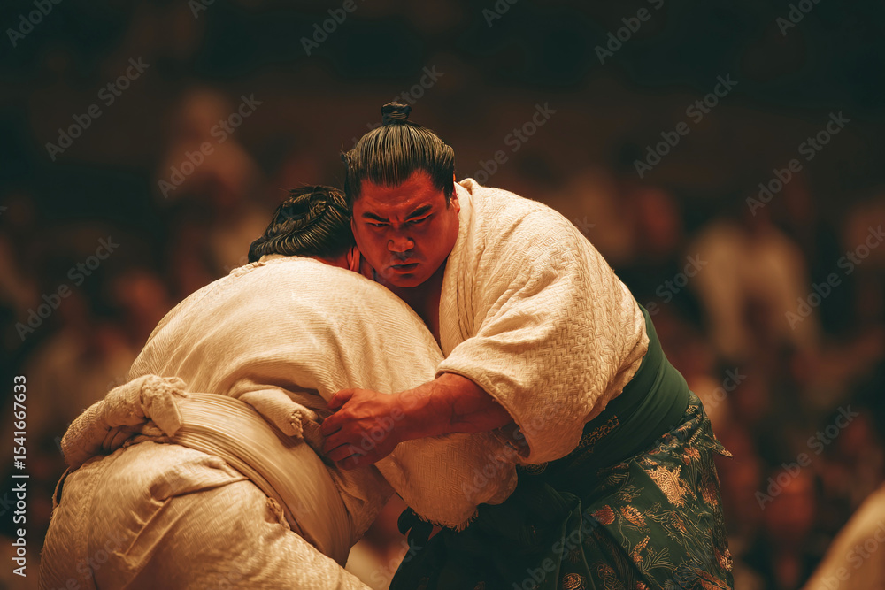 Fototapeta premium Sumo wrestler lifts opponent with a powerful throw during a traditional match in Japan