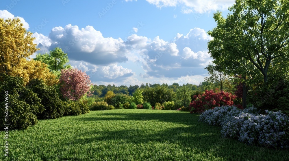 Obraz premium Sunny garden landscape with vibrant flowers and trees