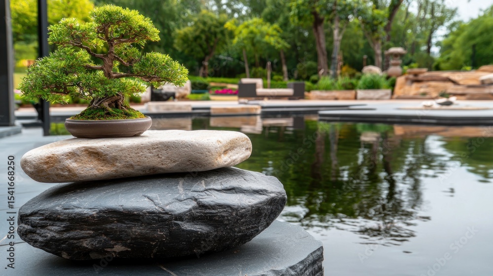 Fototapeta premium Bonsai on rocks by pond in zen garden