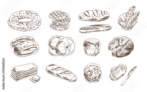 Hand drawn vintage sketch of assorted bakery goods in monochrome style, isolated vector bread and pastry set