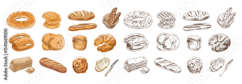 Hand drawn vintage sketch of assorted bakery goods in color and monochrome, rustic bread and pastry vector set