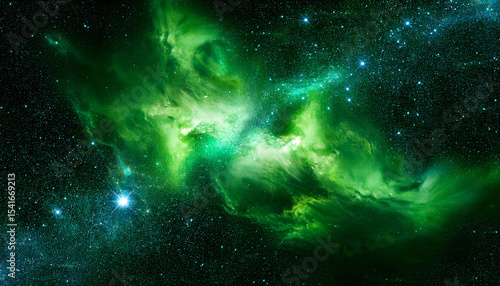 green space nebula 3d render galaxy sky background fantasy abstract green texture of the universe dark cloud of cosmos constellation of stars outer space celestial starry milky way solar gas