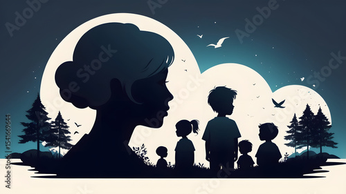 Nurturing Family Environment with Multi-Ethnic Silhouettes Focused on Child and Teen Mental Development