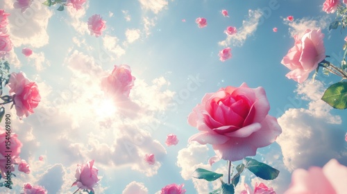 Fototapeta Naklejka Na Ścianę i Meble -  Pink roses floating amidst a dreamy sky with soft clouds and sunlight