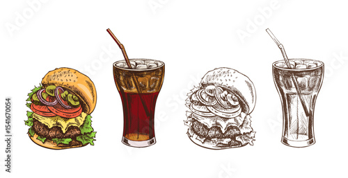 Hand drawn vintage sketch of cheeseburger with soda drink in color and monochrome version, isolated vector illustration
