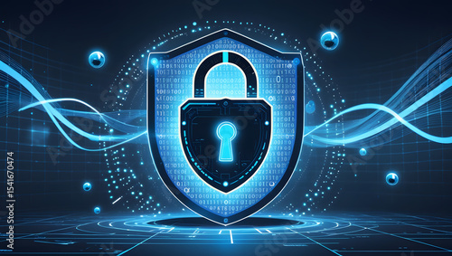 Digital Shield Lock: A luminous lock emblem, protected by a stylized shield, illuminates the intersection of technology and cyber security.