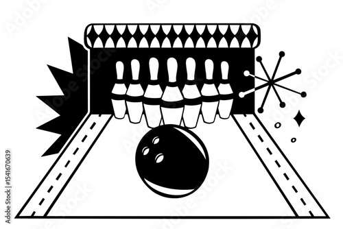Bowling ball hitting pins on a stylized retro lane, sports, competition, recreation, entertainment and indoor activity themes