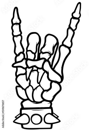 Skeleton Hand Making Rock Gesture with Horns Sign and Studded Bracelet – Heavy Metal Culture, Gothic Style, Music Symbol, Punk Attitude, Underground Subculture, Power and Rebellion

