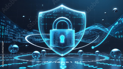 Cybersecurity Shield: A stunning digital illustration showcasing a shield with a prominent lock, emphasizing the crucial themes of data protection and network security in a modern digital landscape.