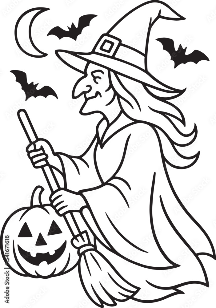 Fototapeta premium Halloween Witch Outline Drawing