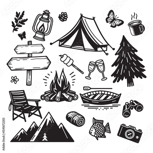 Camping set illustration with tent, forest trees, and campfire.
Adventure gear includes canoe, binoculars, and camera.
Vector design in hand draw doodle style perfect for nature, travel, and hiking th